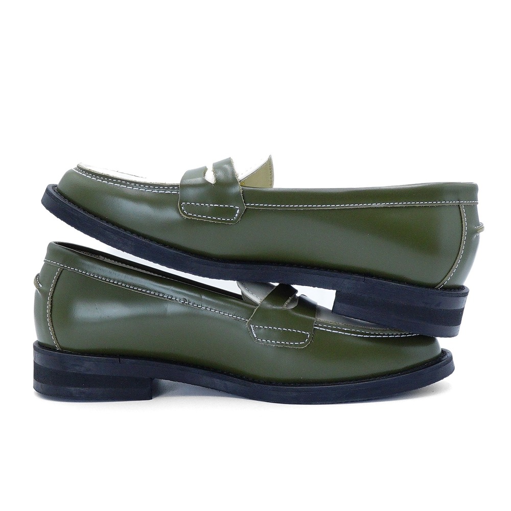 NWT DUKE + DEXTER Women's US 7/UK 5 Olive Green White Leather Penny Loafer Shoes - Picture 6 of 11